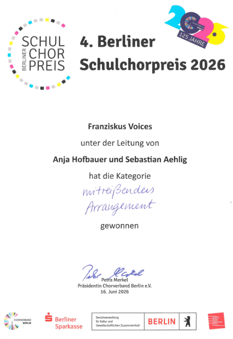 Urkunde des Chorpreises 2026